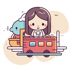 Illustration of a little girl traveling with a train