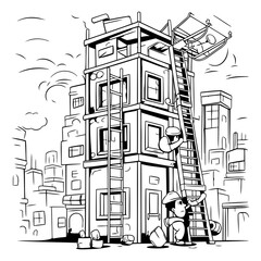 Vector illustration of a construction site with a ladder. workers and a house
