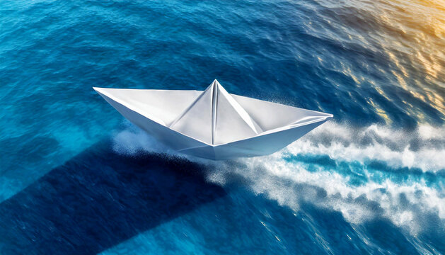 Aerial view of a white paper boat runs fast over the blue sea with wake. Generative Ai.