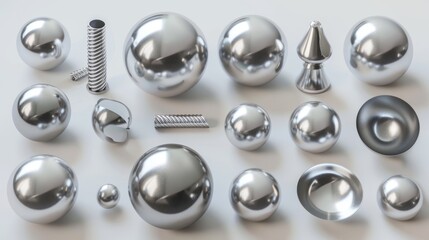 Three-dimensional realistic primitives on white background. Isolated graphic elements. Spheres, torsion tubes, cones, and other geometric shapes in silver metallic colors.