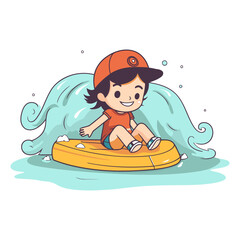 Cartoon boy riding a wave on an inflatable boat.