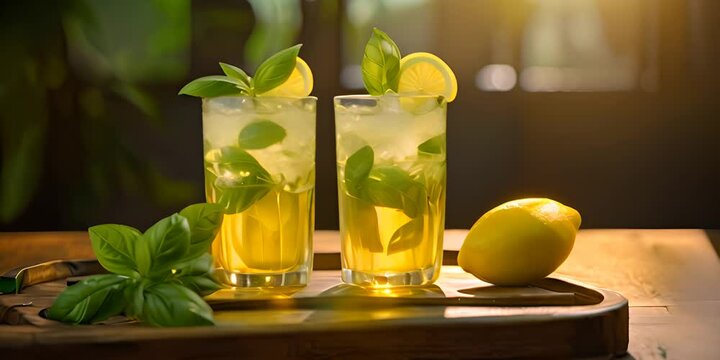 Basil and Lemon Spritz Two glasses of lemonade with basil leaves on a wooden board 4K Video