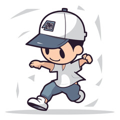 Cute Boy Wearing Baseball Cap Running - Cartoon Vector Illustration