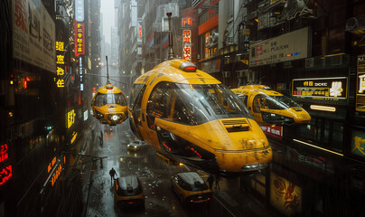 A futuristic city with neon signs, floating automotives, and skyscrapers. A yellow helicopter taxi is on a rainy street