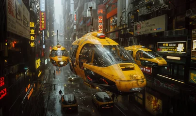 Fotobehang A futuristic city with neon signs, floating automotives, and skyscrapers. A yellow helicopter taxi is on a rainy street © Michael