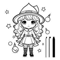 Coloring Page Outline Of Cute Cartoon Witch Girl Vector Illustration