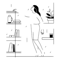 Woman standing at the shelf in the living room. Flat vector illustration.