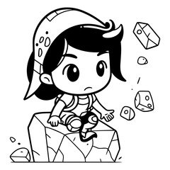 Illustration of a Little Girl Sitting on a Rock and Playing Cubes