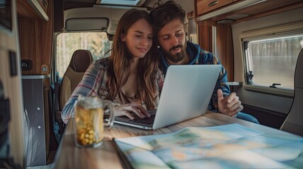 a couple of travelers planning their trip route inside a caravan, immersed in reading a paper map and jotting down notes in a notebook. - obrazy, fototapety, plakaty