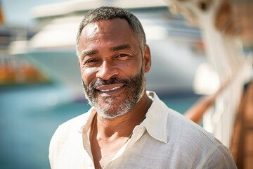 African American man on the cruise ship, summer voyage, enjoying ocean breeze.