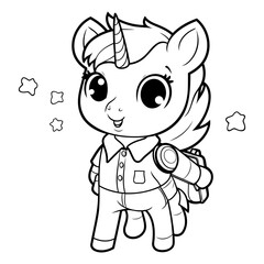 Black and White Cartoon Illustration of Cute Unicorn Animal Character for Coloring Book