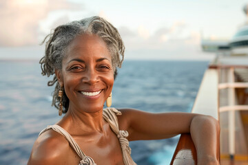 Cruise ship holiday, woman standing by the railing, enjoying the sea breeze.