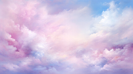 Obraz premium Soft Pink Clouds on Pastel Blue Sky, Watercolor Cloud Background with Copy Space