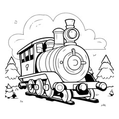 Steam locomotive in the forest. Cartoon vector illustration for your design