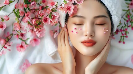 beautiful Japanese woman in a facial cleansing in a spa with pink flowers on her face and towel on her head