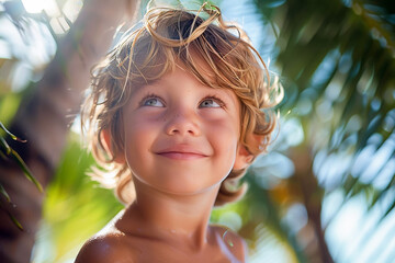 Boy on a tropical island, child at a seaside resort, palm tree scenery.