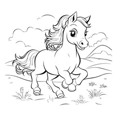 Horse in the field. Black and white vector illustration for coloring book