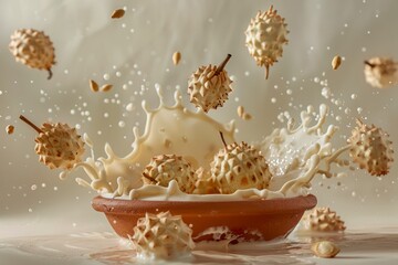 Dynamic Milk Splash in Bowl with Cereal Pieces Flying on Neutral Background