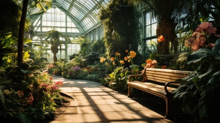 Sunlit conservatory walkway with vibrant plants and sitting bench - obrazy, fototapety, plakaty