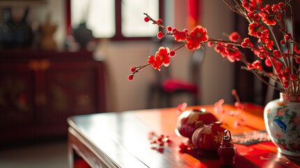 Fototapeta na wymiar a photo was taken in a real-life desk,corner of anempty table,red chinese decoration. Interior design