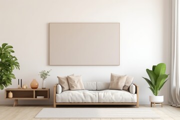 Minimalist home interior with white sofa and empty frame on wall