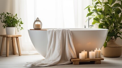 Serene white bathroom setup with bathtub and candles