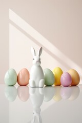 White rabbit surrounded by colorful Easter eggs
