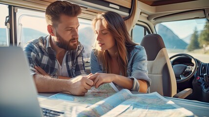 a couple of travelers planning their trip route inside a caravan, immersed in reading a paper map and jotting down notes in a notebook. - obrazy, fototapety, plakaty