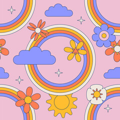 Fototapeta na wymiar Groovy round rainbow with flowers seamless pattern. Hippie child abstract geometric arc and daisies background. Bright summer sky surface design for nursery baby fashion. Vector linear illustration.