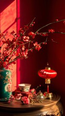 a photo was taken in a real-life desk,corner of anempty table,red chinese decoration. Interior design