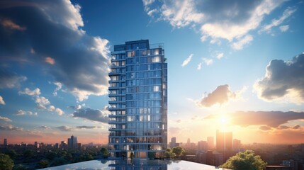 Photorealistic Tall building and behind it a beautiful and sky