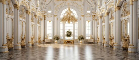 An expansive room with an elegant chandelier hanging from the ceiling and a table placed in the center - obrazy, fototapety, plakaty