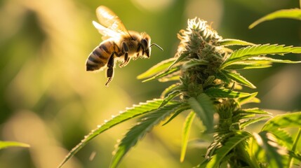 Bees and cannabis plant growing in outdoor field in a large plantation farm.