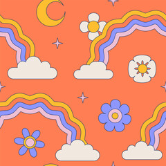 Retro summer sky surface design for nursery and baby fashion. Childish wavy rainbows with moon, cloud and hippie flowers. Contour geometric vector seamless pattern.