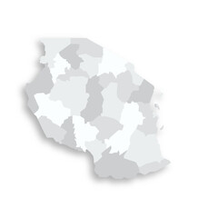 Tanzania political map of administrative divisions - regions. Grey blank flat vector map with dropped shadow.