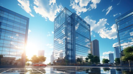Photorealistic Tall building and behind it a beautiful and sky