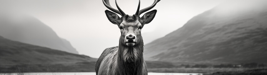 Majestic Stag in Highland Landscape in Black and White
