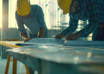 Architects and engineers working together on a construction site project concept. A close up of people with blueprints discussing ideas at a table in an office building