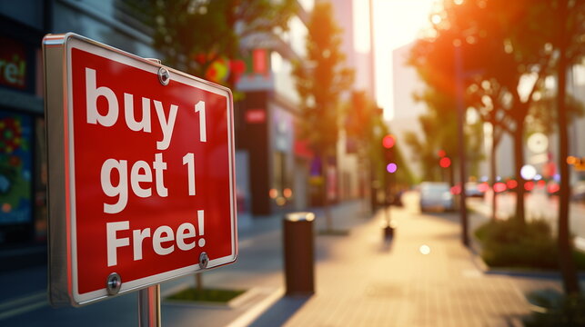 Sign "Buy 1 Get 1 Free" on the street. AI Generative.