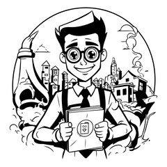 Vector illustration of a cartoon man with a book in his hands.