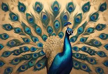  majestic peacock rendered in a retro and nostalgic style, surrounded by golden brushstrokes that add a touch of opulence and charm