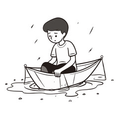 Illustration of a boy in a boat on a rainy day.