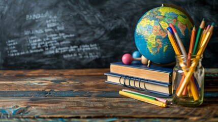 Vibrant back to school concept: earth globe, books, notebooks, colorful stationery, and more on...