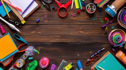 Vibrant back to school setup: colorful supplies arranged on wooden desk table in flat lay view - creepy concept