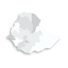 Ethiopia political map of administrative divisions - regions and chartered cities. Grey blank flat vector map with dropped shadow.