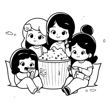 Illustration of a group of children eating popcorn and watching a movie