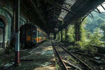 Fototapeta na wymiar Eerie Abandoned rail station. Iron track design. Generate AI
