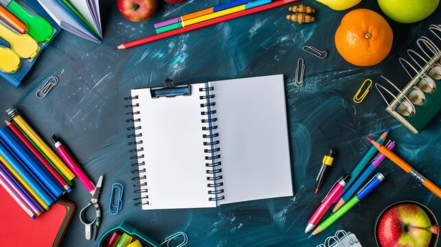 Colorful back to school concept: open notebook teeming with essential supplies for education and learning
