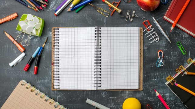 Colorful back to school concept: open notebook teeming with essential supplies for education and learning
