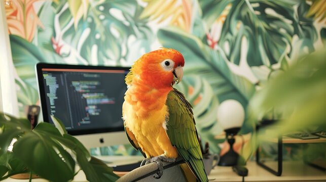 high quality photo of a parrot sitting in a chair infront of a desk, at a home office